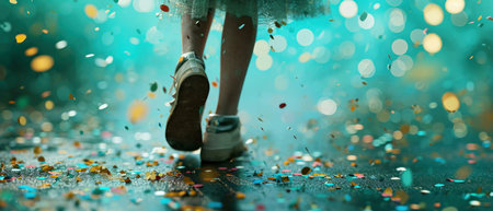 A child's feet walking through a shower of colorful confetti. Joyful, celebratory, and magical.の写真素材