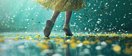 A girl's feet dancing joyfully amidst falling confetti. Teal and gold hues create a magical scene.の写真素材