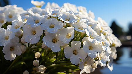 Close-up of white flowers with water droplets, near a lake under sunlight.
