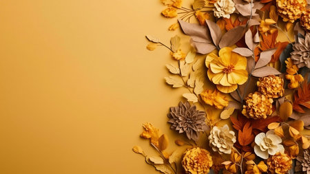 Golden autumnal paper flowers create a beautiful flat lay. Warm colors and delicate craftsmanship.の写真素材