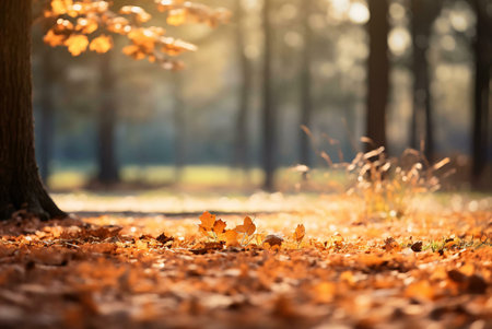 Golden autumn leaves blanket the forest floor. Sunlight filters through the trees, creating a serene...