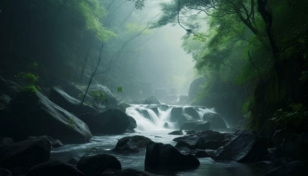 A misty waterfall flows through a lush forest, creating a tranquil and serene atmosphere. The scene...