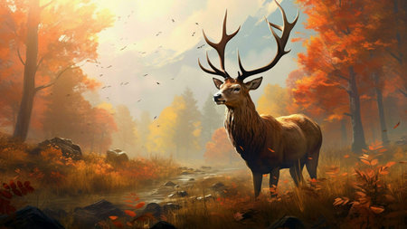 A majestic stag stands in an autumnal forest, near a calm stream. The scene is peaceful and serene, bathed in golden sunlight.の写真素材
