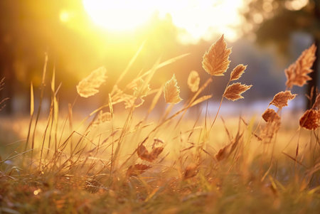 A picturesque autumn sunset illuminates a field of tall grass and leaves, showing the beauty of nature's warm embrace.の写真素材