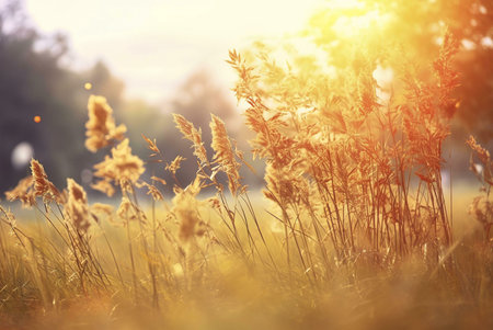 A vibrant meadow bathed in golden sunlight. Tall grasses and plants sway gently in the warm light of the setting sun.の写真素材
