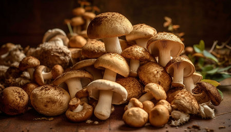 A stunning close-up of a variety of wild mushrooms, showing their rich textures and earthy tones. A delectable autumn harvest.の写真素材