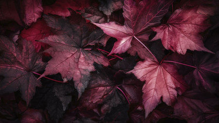 Close-up view of deep red autumn leaves, showing rich textures and colors. Perfect for nature,...