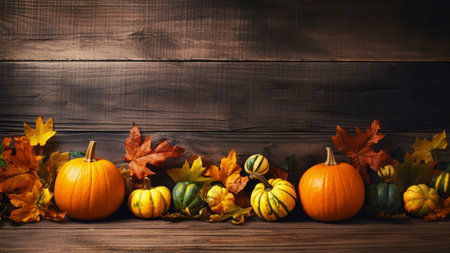 A stunning autumn still life featuring pumpkins, gourds and colorful fall leaves arranged on a rustic wooden background.の写真素材