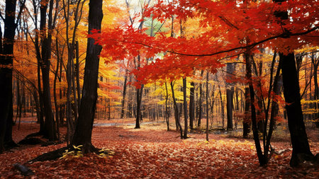 Stunning autumn forest scene with vibrant red and gold leaves. A breathtaking display of nature's...
