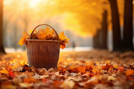 A rustic basket brimming with golden autumn leaves sits amidst a carpet of fallen foliage in a...