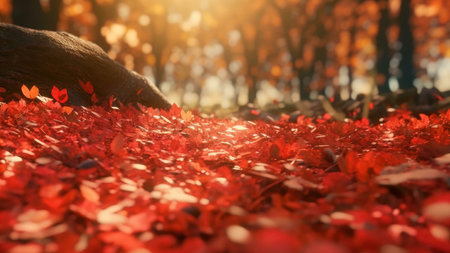 A stunning autumnal scene with red leaves covering the forest floor. Warm sunlight creates a serene...