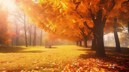 Picturesque autumn park with golden trees and fallen leaves. Serene and peaceful atmosphere.
