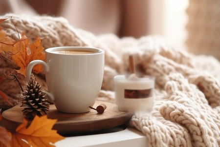 A steaming cup of coffee or tea rests on a wooden tray, nestled amongst autumn leaves and a soft knit blanket. The scene evokes feelings of warmth and relaxation.の写真素材
