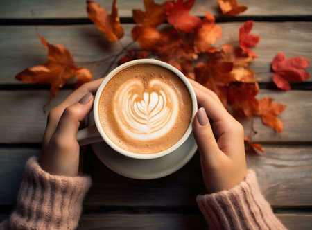 A warm latte in hands, surrounded by autumn leaves on a wooden table. Perfect fall vibes.の写真素材
