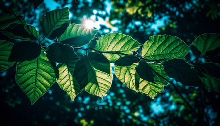 Close-up view of sunlit green leaves in a forest. The vibrant colors and textures showcase nature's beauty.の写真素材