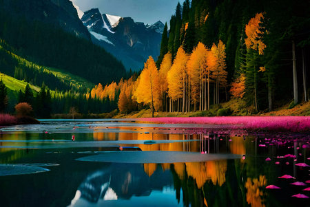 A serene autumnal lake reflects the vibrant colors of golden trees and snow-capped mountains. A picturesque scene.の写真素材