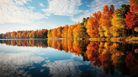 Stunning autumn lake reflecting vibrant fall colors. Peaceful scene.の写真素材
