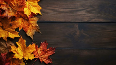 Vibrant autumn maple leaves arranged on a dark wooden background. Perfect for fall-themed designs.