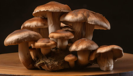 Close-up image of a cluster of brown mushrooms on a wooden surface against a dark background.の写真素材