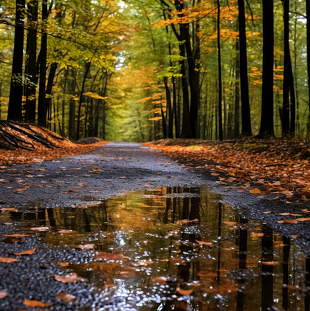 A tranquil autumn forest scene featuring a road reflecting the colorful foliage in a puddle.の写真素材