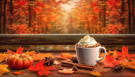 A warm cup of coffee with whipped cream sits on a wooden table surrounded by autumn leaves and...