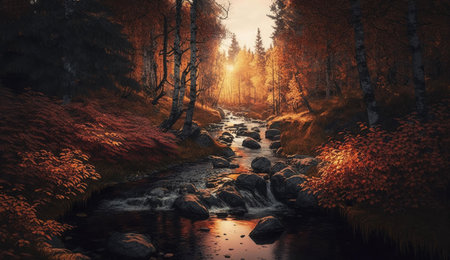 Serene autumn forest scene. Stream flows through vibrant foliage. Golden sunlight.の写真素材