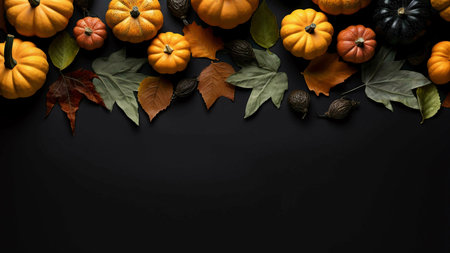 A vibrant autumnal border with pumpkins and leaves arranged on a black background. Perfect for...