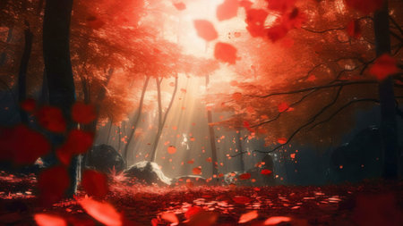 A digital painting depicting a magical autumnal forest bathed in warm, red light. Falling leaves...