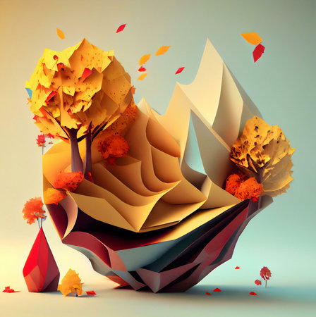Geometric origami trees in autumnal colors rest on a folded paper landscape. A unique digital art...