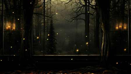 A mystical window view of an enchanted forest at night, illuminated by candles and fireflies.の写真素材