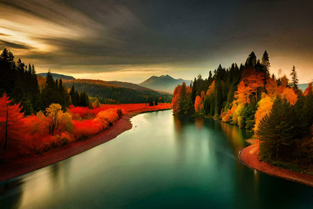 Serene autumn landscape with vibrant fall colors reflected in a calm river, mountains in background.