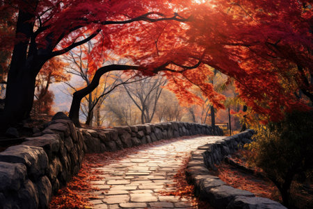 A picturesque autumn scene of a stone path winding through a park, surrounded by fiery red maple...