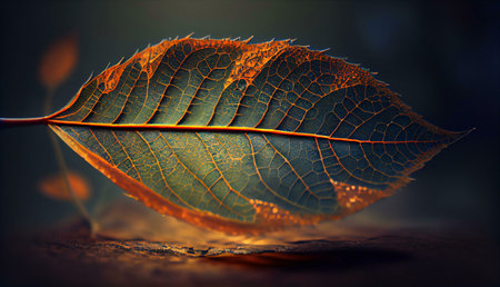 A stunning macro shot of an autumn leaf, showing its intricate veins and warm, earthy tones.の写真素材