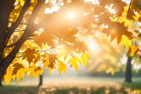 Golden autumn leaves bathed in sunlight. Peaceful park scenery.