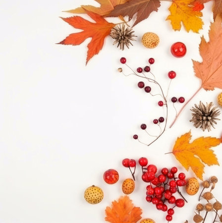 A vibrant autumn still life featuring colorful leaves, berries, and natural elements. Perfect for fall decorations or seasonal themes.の写真素材