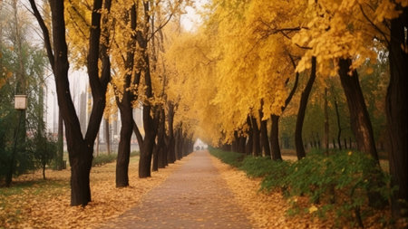 A picturesque autumnal path lined with golden trees, creating a serene and beautiful scene. The pathway invites a peaceful walk amidst nature's fall colors.の写真素材