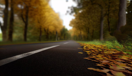 A picturesque road winds through a forest ablaze with autumn colors. Golden leaves blanket the roadside.の写真素材