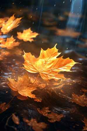 Golden maple leaves float on a dark, rain-swept stream. Autumnal colors and serene atmosphere.の写真素材