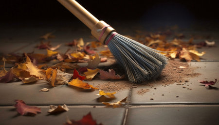 A close-up shot of a broom sweeping fallen autumn leaves and dirt from a tiled floor. Warm, autumnal colors dominate the scene.の写真素材