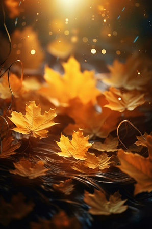 Golden autumn leaves gently rest on a dark surface. Soft light enhances their beauty.