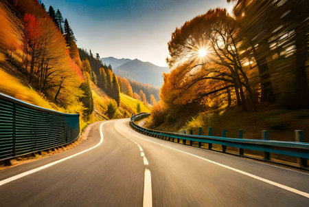 A captivating autumn drive through vibrant foliage, sunlit mountains and winding roads. Perfect road...
