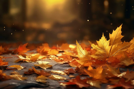 Golden autumn leaves scattered on the ground bathed in warm sunlight. A serene and beautiful autumnal scene.の写真素材