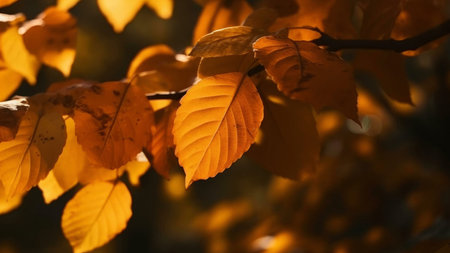 Close-up of vibrant, golden autumn leaves bathed in sunlight. A beautiful display of fall colors.