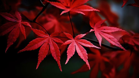 Close-up of vibrant red maple leaves in autumn. Rich colors and textures.