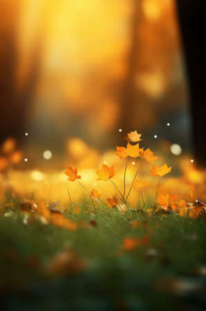 Golden autumn leaves in a dreamy forest setting. Warm, soft light bathes the scene, creating a...