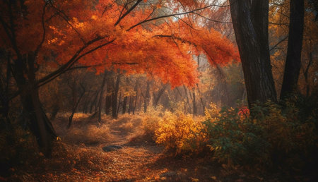 A mesmerizing autumnal forest path bathed in warm sunlight. The vibrant red and gold leaves create a...