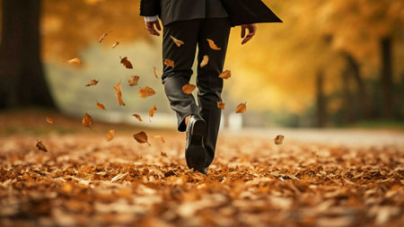 A man walks on a path covered in autumn leaves. The warm colors of fall create a serene and calm...