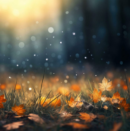 A magical autumn scene with golden leaves scattered on the ground in a forest. Warm, soft light...