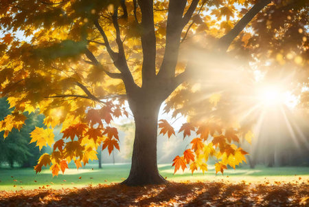 A majestic maple tree bathed in the golden sunlight of autumn. Vibrant leaves create a stunning scene.の写真素材