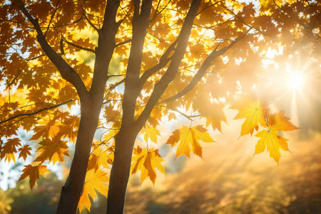 Golden maple leaves illuminate in the sun's rays, showcasing the beauty of autumn.